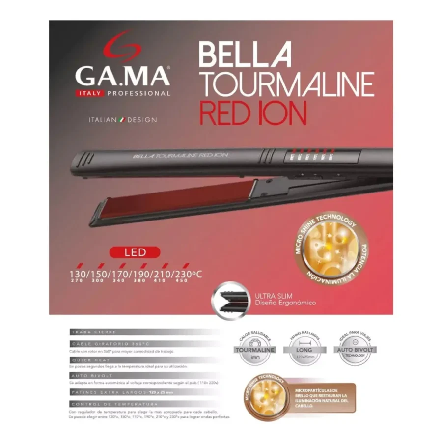 Plancha de Cabello Gama Bella Tourmaline Red Ion